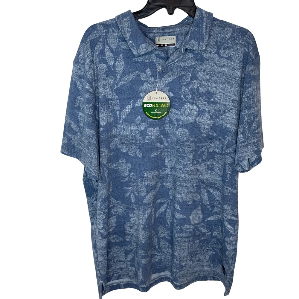PGA TOUR Mens XL Blue Floral Print‎ Golf Polo Shirt Eco Focused